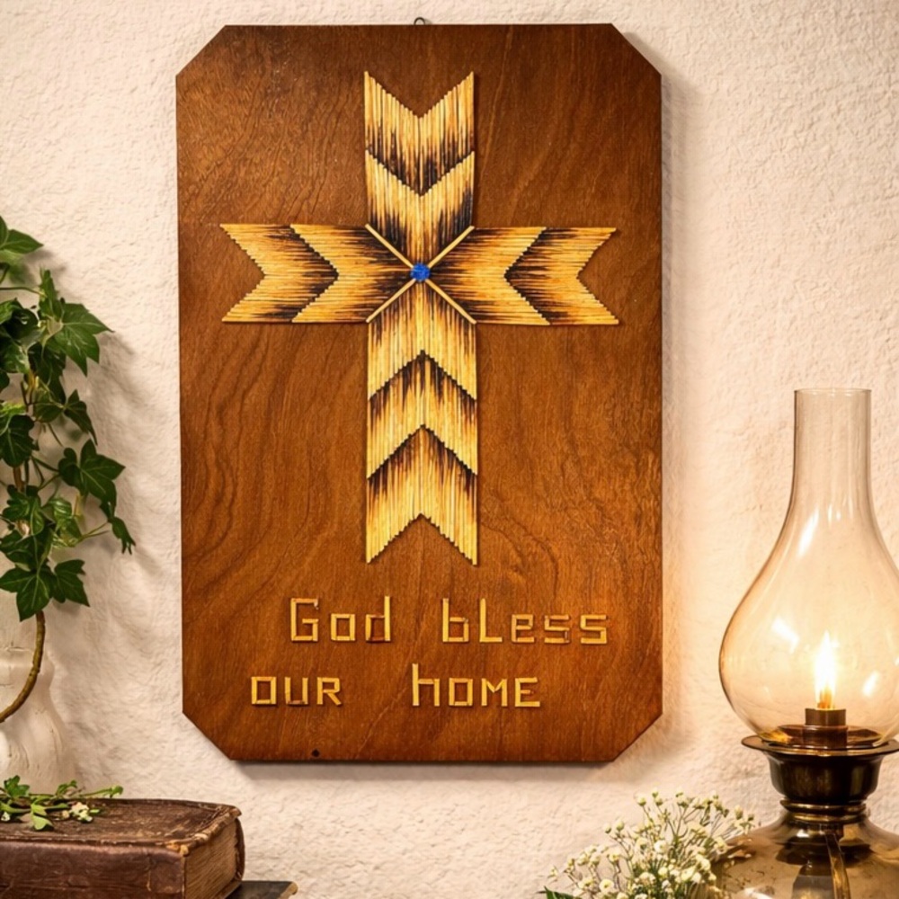 Vintage 1972 Handmade Wooden Cross Wall Art Plaque “God Bless Our Home”